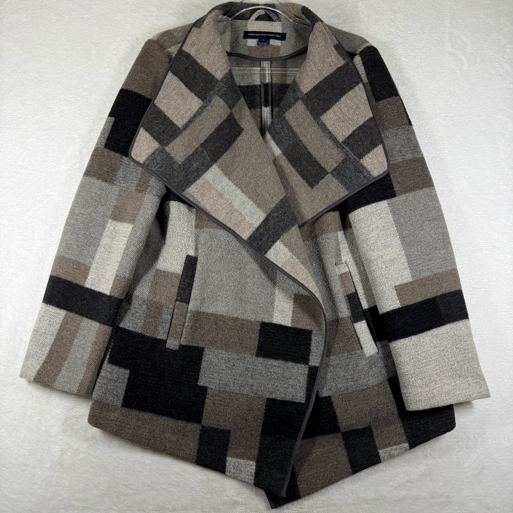 French Connection Gray Geometric Wool Blend Drape Front Coat Large F15316